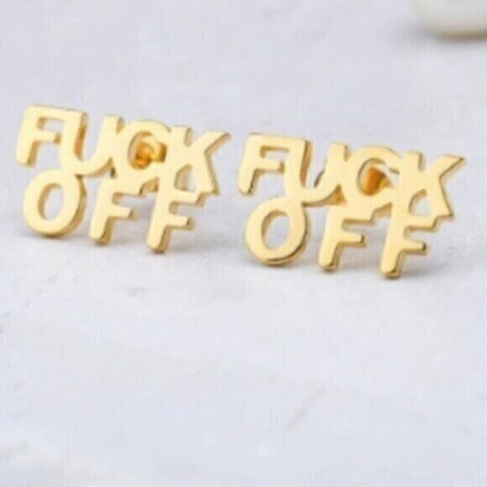 Gold Stainless Steel Letter Stud F*uck Off Earrings